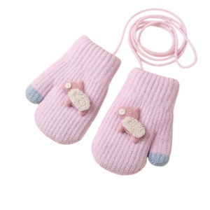 Manusi copii, model cu un singur degetel si snur, manseta elastica, accesorizate cu figurine vesele, tematica happy winter, unisex, marime 1 – 3 ani, mov
