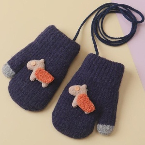 Manusi copii, model cu un singur degetel si snur, manseta elastica, accesorizate cu figurine vesele, tematica happy winter, unisex, marime 1 – 3 ani, albastru inchis - Img 3