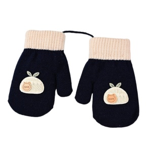 Manusi copii, model dragut cu un singur degetel si snur, manseta elastica, accesorizate cu figurine vesele, tematica happy winter, unisex, marime 3 – 8 ani, albastru marin inchis
