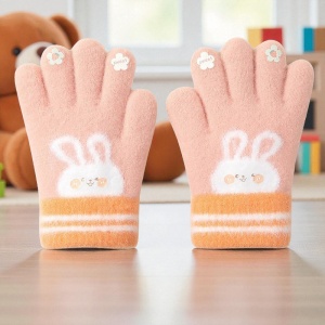 Manusi copii, model pufos cu manseta elastica, accesorizate cu iepuras si floricele, tematica happy bunny, unisex, marime 3 – 5 ani, piersica - Img 3