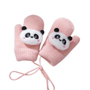Manusi copii, model pufos cu un singur degetel si snur, manseta elastica, accesorizate cu ursuleti, tematica panda mania, unisex, marime 2 – 8 ani, roz