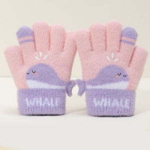 Manusi copii, model vesel cu balenuta, manseta elastica si detalii de contrast pe degete, tematica happy whale, unisex, marime 3 – 5 ani, roz cu mov - Img 3