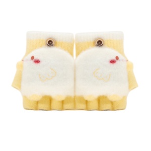 Manusi pentru copii, model cu degetele descoperite si capac decapotabil, prindere cu nasturel, accesorizate cu figurine vesele, tematica I love birds, unisex, marime 3 – 5 ani, galbene