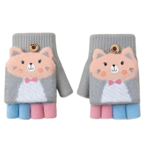 Manusi pentru copii, model cu degetele descoperite si capac decapotabil, prindere cu nasturel, accesorizate cu pisicute fashion, tematica I love cats, unisex, marime 7 – 9 ani, gri