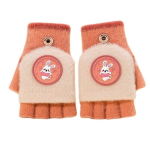 Manusi pentru copii, model cu degetele descoperite si capac decapotabil, prindere cu nasturel, accesorizate cu figurine vesele, tematica happy time, unisex, marime 7 – 12 ani, portocaliu cu bej