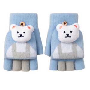 Manusi pentru copii, model cu degetele descoperite si capac decapotabil, prindere cu nasturel, accesorizate cu ursulet, tematica little bear, unisex, marime 7 – 12 ani, albastre