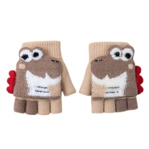 Manusi pentru copii, model cu degetele descoperite si capac decapotabil, accesorizate cu dinozauri, tematica happy winter, unisex, marime 9 – 12 ani, maro