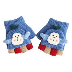 Manusi pentru copii, model cu degetele descoperite si capac decapotabil, prindere cu nasturel, accesorizate cu maimutica haioasa, manseta elastica, tematica happy winter, marime 3 – 6 ani, albastre