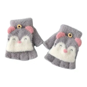 Manusi pentru copii, model cu degetele descoperite si capac decapotabil prindere cu nasture, manseta elastica, accesorizate cu puisor vesel, tematica happy winter, marime 1 – 5 ani, gri inchis