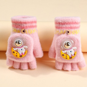 Manusi pentru copii, model cu degetele descoperite si capac decapotabil, prindere cu nasturel, accesorizate cu astronaut, tematica funny day, unisex, marime 4 – 10 ani, roz - Img 2