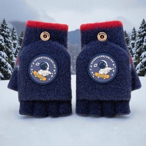 Manusi pentru copii, model cu degetele descoperite si capac decapotabil, prindere cu nasturel, accesorizate cu figurine vesele, tematica happy time, unisex, marime 7 – 12 ani, albastru inchis - Img 3