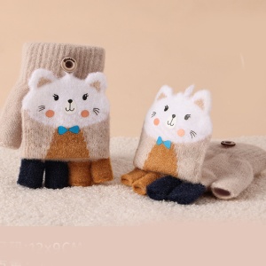 Manusi pentru copii, model cu degetele descoperite si capac decapotabil, prindere cu nasturel, accesorizate cu pisicute fashion, tematica I love cats, unisex, marime 7 – 9 ani, bej - Img 4