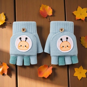 Manusi pentru copii, model cu degetele descoperite si capac decapotabil, prindere cu nasturel, accesorizate cu figurine vesele, tematica happy day, unisex, marime 9 – 12 ani, albastre - Img 3