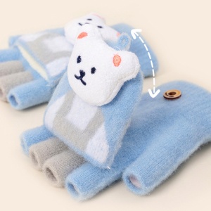 Manusi pentru copii, model cu degetele descoperite si capac decapotabil, prindere cu nasturel, accesorizate cu ursulet, tematica little bear, unisex, marime 7 – 12 ani, albastre - Img 4