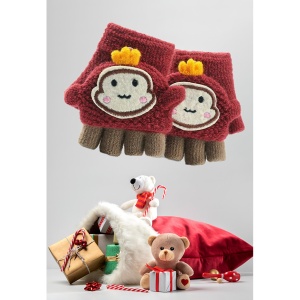 Manusi pentru copii, model cu degetele descoperite si capac decapotabil, prindere cu nasturel, accesorizate cu figurina haioasa, manseta elastica, tematica happy moments, marime 1 – 3 ani, rosu caramiziu - Img 3