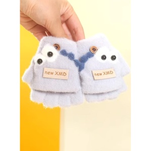 Manusi pentru copii, model cu degetele descoperite si capac decapotabil, prindere cu nasturel, accesorizate cu ochisori curiosi, manseta elastica, tematica funny dino, marime 0 – 3 ani, gri - Img 3