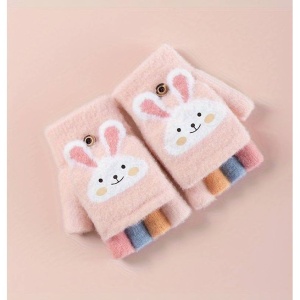 Manusi pentru copii, model cu degetele descoperite si capac decapotabil, prindere cu nasturel, accesorizate cu iepuras, manseta elastica, tematica cute bunny, marime 6 – 12 ani, roz deschis - Img 4