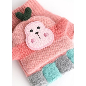 Manusi pentru copii, model cu degetele descoperite si capac decapotabil, prindere cu nasturel, accesorizate cu maimutica haioasa, manseta elastica, tematica happy winter, marime 3 – 6 ani, roz deschis - Img 2