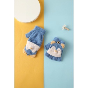 Manusi pentru copii, model cu degetele descoperite si capac decapotabil prindere cu nasture, manseta elastica, accesorizate cu puisor vesel, tematica happy winter, marime 1 – 5 ani, albastre - Img 4