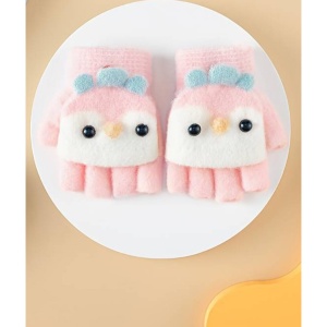 Manusi pentru copii, model cu degetele descoperite si capac decapotabil, accesorizate cu pinguini poznasi, tematica happy feet, marime 1 – 5 ani, roz deschis - Img 2