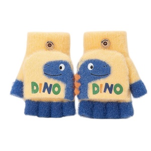 Manusi pentru copii, model cu degetele descoperite si capac decapotabil, prindere cu nasturel, accesorizate cu dinozaur, tematica crazy dino, unisex, marime 3 – 5 ani, galbene