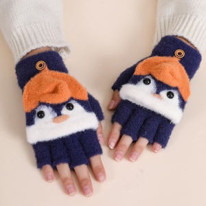 Manusi pentru copii, model cu degetele descoperite si capac decapotabil, prindere cu nasturel, accesorizate cu pinguin simpatic, tematica happy feet, unisex, marime 6 – 24 luni, albastru inchis - Img 2