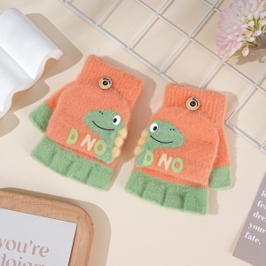 Manusi pentru copii, model cu degetele descoperite si capac decapotabil, prindere cu nasturel, accesorizate cu dinozaur, tematica crazy dino, unisex, marime 3 – 5 ani, portocalii - Img 2
