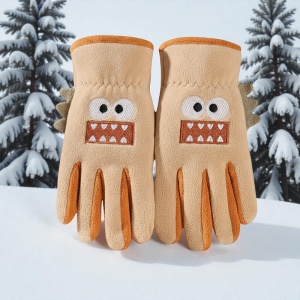 Manusi pentru copii, model jucaus, detalii de contrast vesele, imprimeu haios, tematica prietenul meu monstruletul, unisex, marime 3 – 8 ani, maro deschis - Img 3