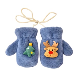Manusi pentru copii, model super dragalas, moale si pufos, prinse cu snur intre ele, accesorizate cu figurine cute, tematica winter happy baby, 2 - 6 ani, albastre