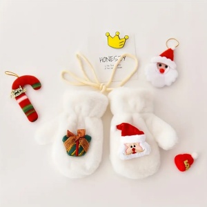 Manusi pentru copii, model super dragalas, moale si pufos, prinse cu snur intre ele, accesorizate cu figurine cute, tematica winter happy baby, 2 - 6 ani, albe - Img 2