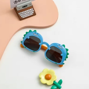 Ochelari de soare pentru copii, unisex, model cu dinozaur prietenos, tematica dino world, marime universala, albastri - Img 2
