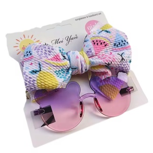 Ochelari de soare pentru fetite, set doua piese, model ursulet prietenos cu funda voluminoasa asortata, imprimeu delicat, tematica cute and fashion, roz cu mov