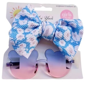 Ochelari de soare pentru fetite, set doua piese, model ursulet prietenos cu funda voluminoasa asortata, imprimeu delicat, tematica cute and fashion, albastru cu roz - Img 2