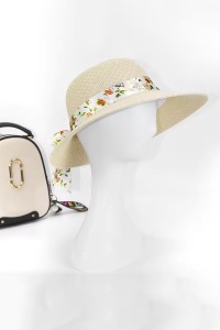 Palarie de dama, model elegant, accesorizat cu funda delicata imprimeu floral, tematica fashion summer, marime universala, bej - Img 2
