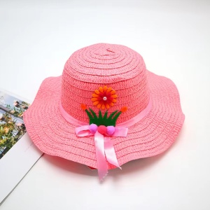 Palarie de soare, copii, model chic de vara pentru fetite, accesorizat cu flori si panglica, prindere sub barbie, margine ondulata, tematica cute summer, marime universala, roz - Img 2