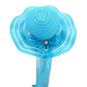 Palarie de soare, copii, model cute de vara pentru fetite, accesorizat cu funda pretioasa cu detaliu fashion, prindere sub barbie, margine ondulata, tematica elegant summer, marime universala, albastra