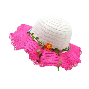 Palarie de soare, copii, model cute de vara pentru fetite, accesorizat cu floricele si frunzulite, prindere sub barbie, margine ondulata, tematica I love flowers, marime universala, roz inchis