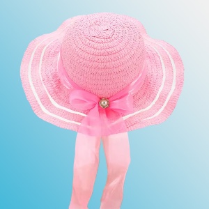 Palarie de soare, copii, model cute de vara pentru fetite, accesorizat cu funda pretioasa cu detaliu fashion, prindere sub barbie, margine ondulata, tematica elegant summer, marime universala, roz deschis - Img 2