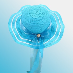 Palarie de soare, copii, model cute de vara pentru fetite, accesorizat cu funda pretioasa cu detaliu fashion, prindere sub barbie, margine ondulata, tematica elegant summer, marime universala, albastra - Img 2