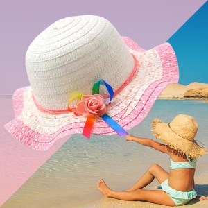 Palarie de soare, copii, model cute elegant pentru fetite, accesorizat cu flori si fundita rainbow, prindere sub barbie, margine ondulata, tematica happy summer, marime universala, roz deschis - Img 3