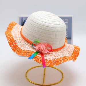 Palarie de soare, copii, model cute elegant pentru fetite, accesorizat cu flori si fundita rainbow, prindere sub barbie, margine ondulata, tematica happy summer, marime universala, portocalie - Img 2