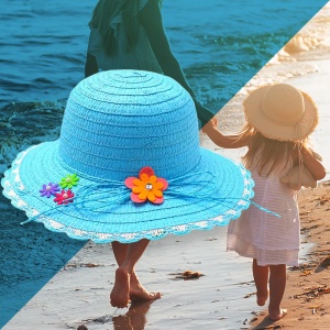 Palarie de soare, copii, model elegant pentru fetite, accesorizat cu flori multiple si fundita din sfoara, prindere sub barbie, margine fixa, tematica fashion summer, marime universala, albastra - Img 3