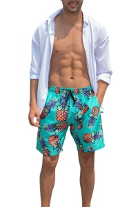 Pantaloni scurti de baie tip sort, barbati, imprimeu ananas amuzant, model cool summer, uscare rapida, verde