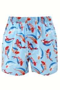 Pantaloni scurti de baie tip sort, barbati, model cu peste koi si delfini, imprimeu grafic lumea acvatica, prindere cu snur, tematica wild sea, uscare rapida, albastri