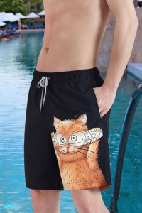 Pantaloni scurti de baie tip sort, barbati, model super cat, imprimeu pisica nebuna, uscare rapida, negru - Img 3