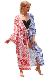 Pareo tip cover up, rochie pentru plaja sau strada, model duo special, maneci trei sferturi si prindere reglabila, tematica summer mood, rosu cu albastru