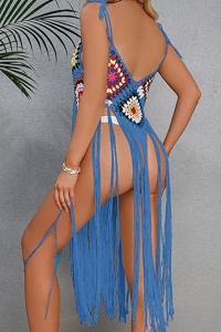 Pareo tip rochie pentru plaja, model cu franjuri transparent, tesatura traditionala, tematica crazy retro summer, albastru - Img 2