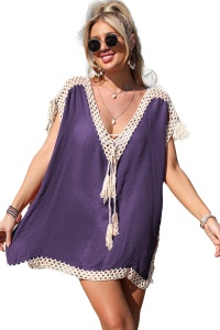 Pareo tip rochie pentru plaja sau strada, decolteu in V reglabil cu ciucurei, broderie pe margini si ciucurei la umeri, mov