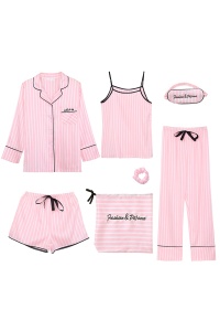 Pijama dama, 7 piese, satin, camasa, maieu, pantalon lung si chilot tip pantalon scurt, roz