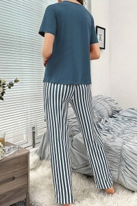 Pijama dama, set 2 piese, bluza cu maneca scurta si pantaloni lungi, model hazliu cu imprimeu grafic, tematica dream big, albastru - Img 2